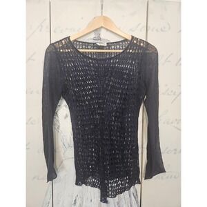 Eileen Fisher Navy Blue 100% Organic Linen Open Knit Mesh Sweater XXS